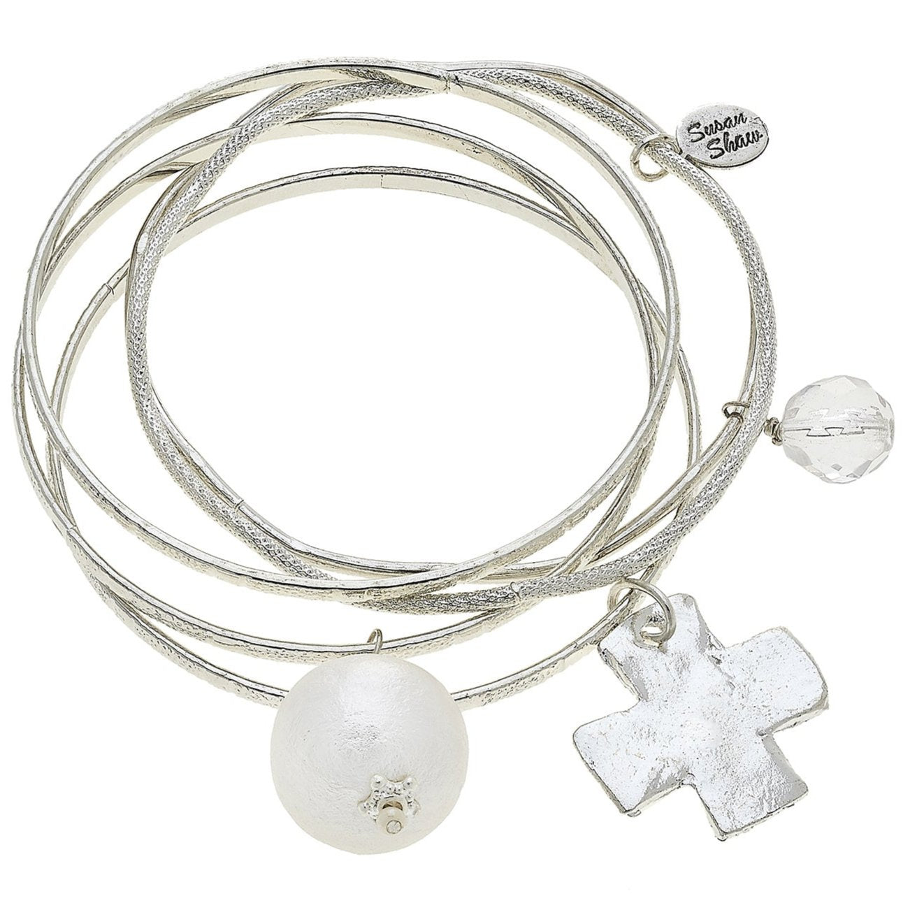 Susan Shaw Silver Bangles w/ Pearl & Cross - 5 pc.