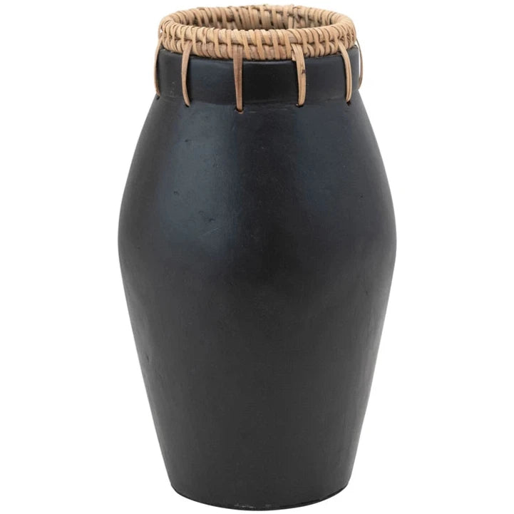 Terracotta Vase w/ Stitched Rattan Rim - 10.5