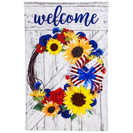 Americana Floral Wreath Burlap House Flag - 28 x 48