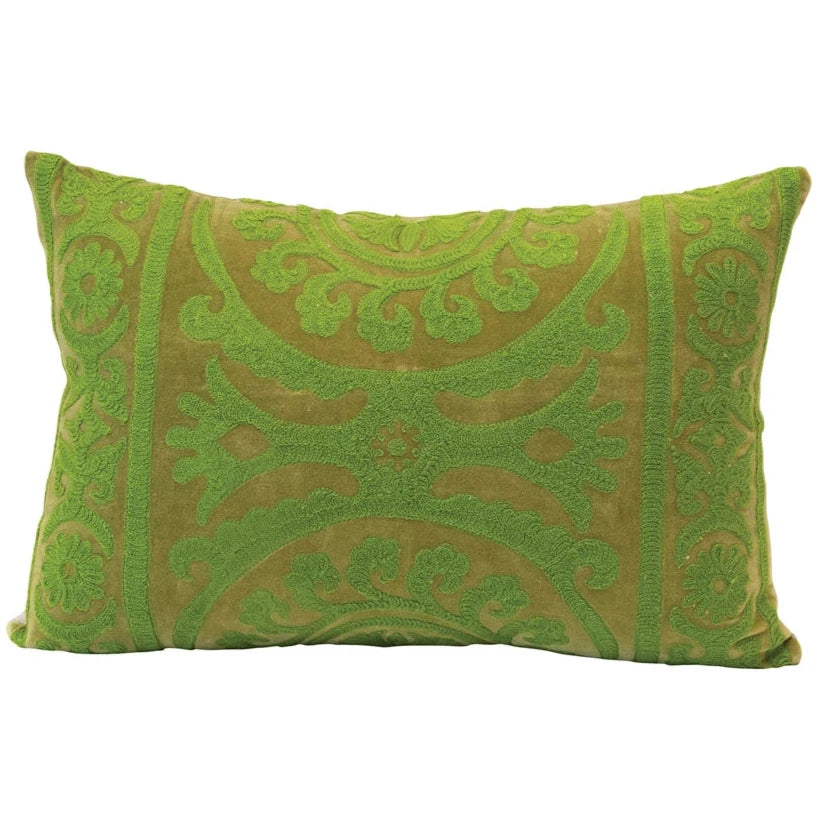 Velvet Green Embroidered Lumbar Pillow - 20 x 14