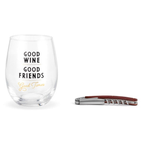 Good Wine, Good Friends, Good Times Stemless Wine Glass & Corkscrew Set