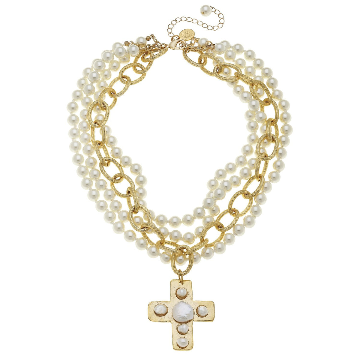 Susan Shaw 3-Strand Pearl Cross Gold Necklace