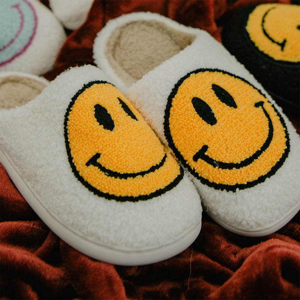 Katydid Fuzzy Happy Face Slippers