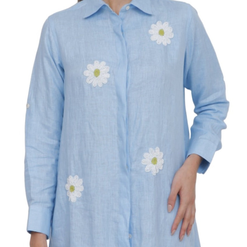 Beaded Floral Linen Shirt Dress