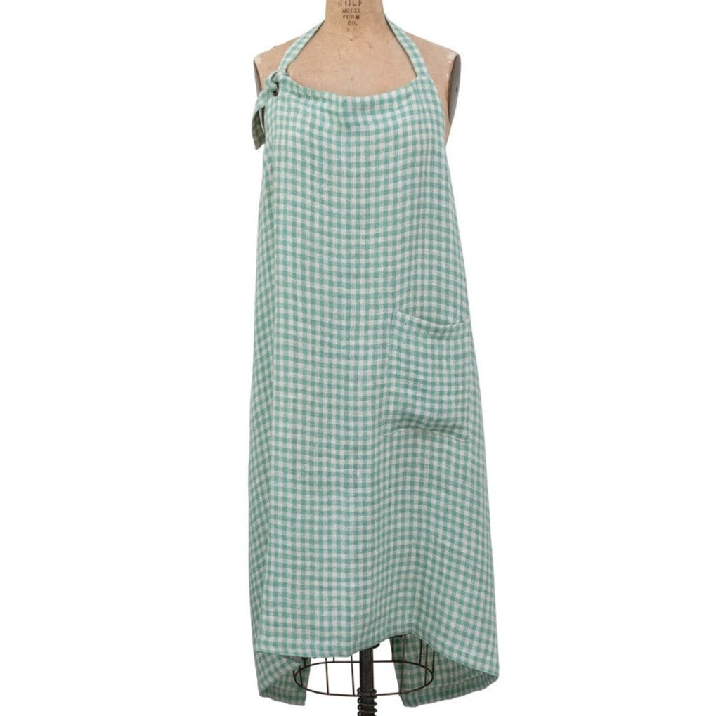 Aqua Gingham Pocketed Cotton Apron