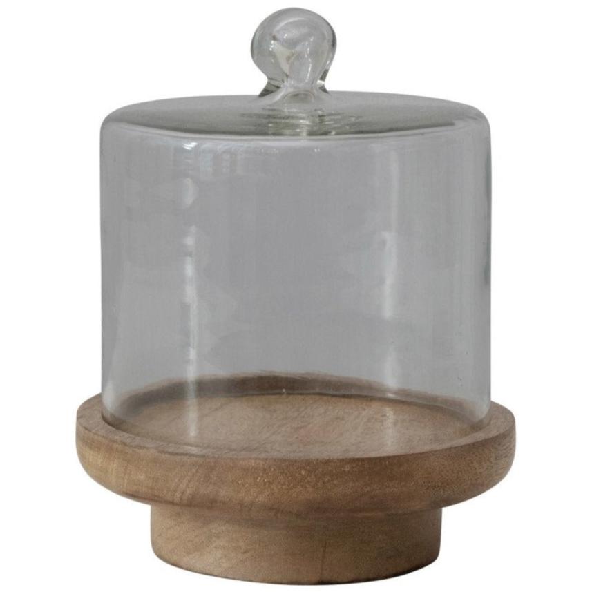 Glass Cloche w/ Footed Mango Wood Base - 6.5