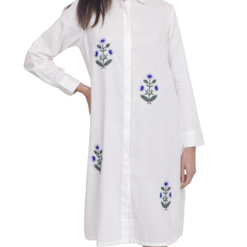 Beaded Floral Linen Shirt Dress