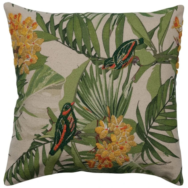 Embroidered Birds & Florals Cotton Pillow - 20 x 20