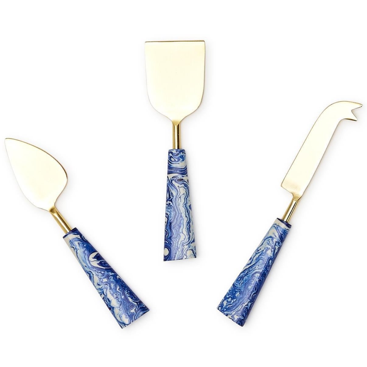 Gold Electroplated Cheese Knives w/ Blue Marble Handle - 3 pc.