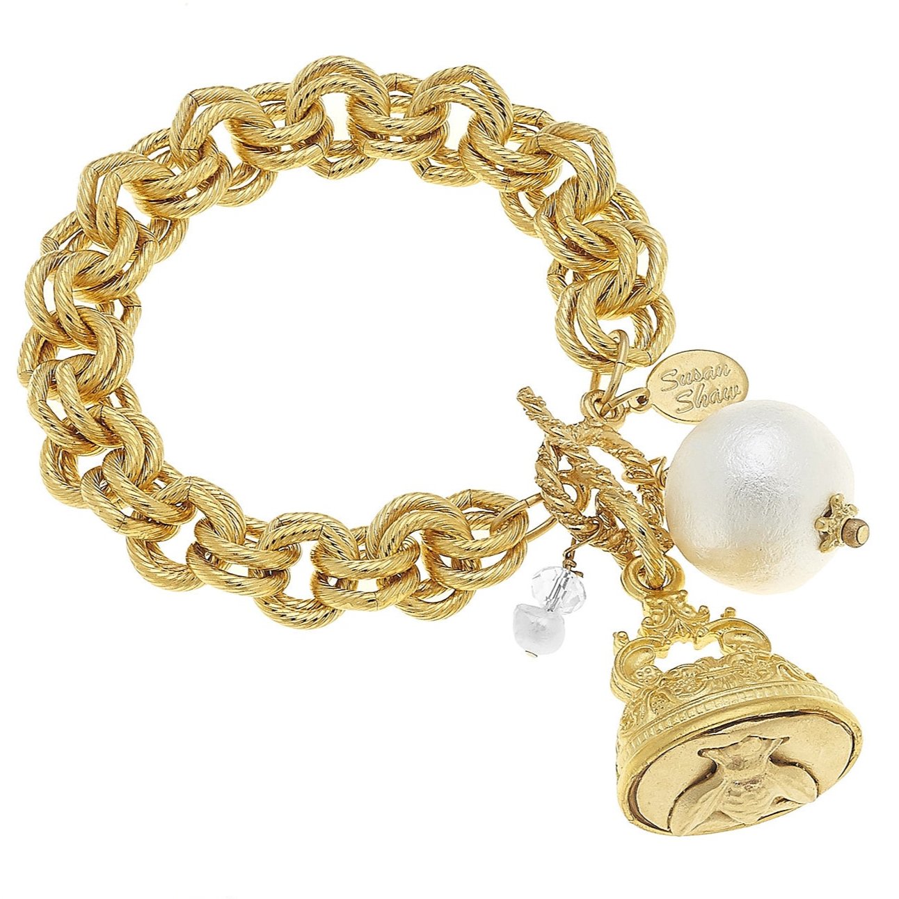 Susan Shaw Gold Vintage Bee & Pearl Charm Bracelet