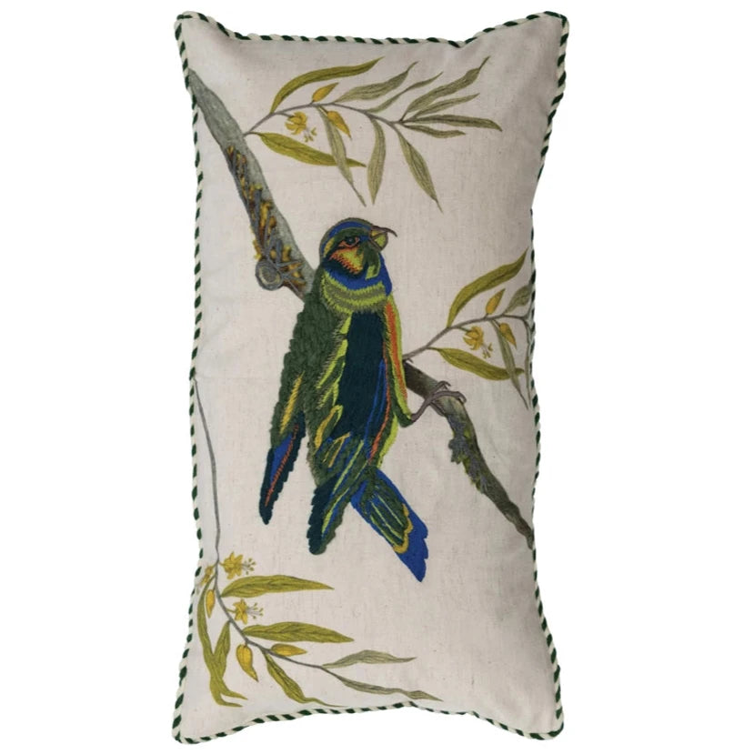 Embroidered Cotton Bird Lumbar Pillow - 24 x 12