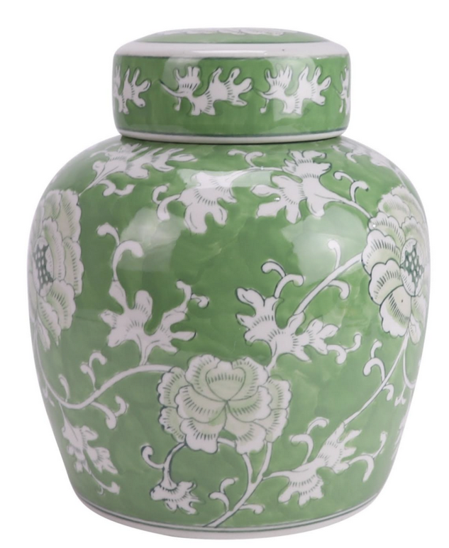 Floral Lidded Stoneware Jar - Green