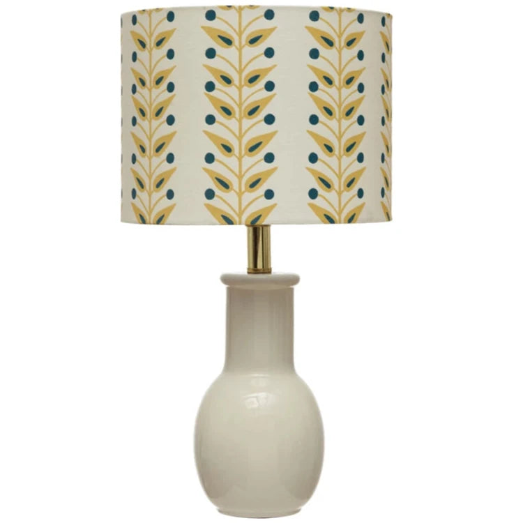 Terracotta Table Lamp w/ Botanical Pattern Linen Shade