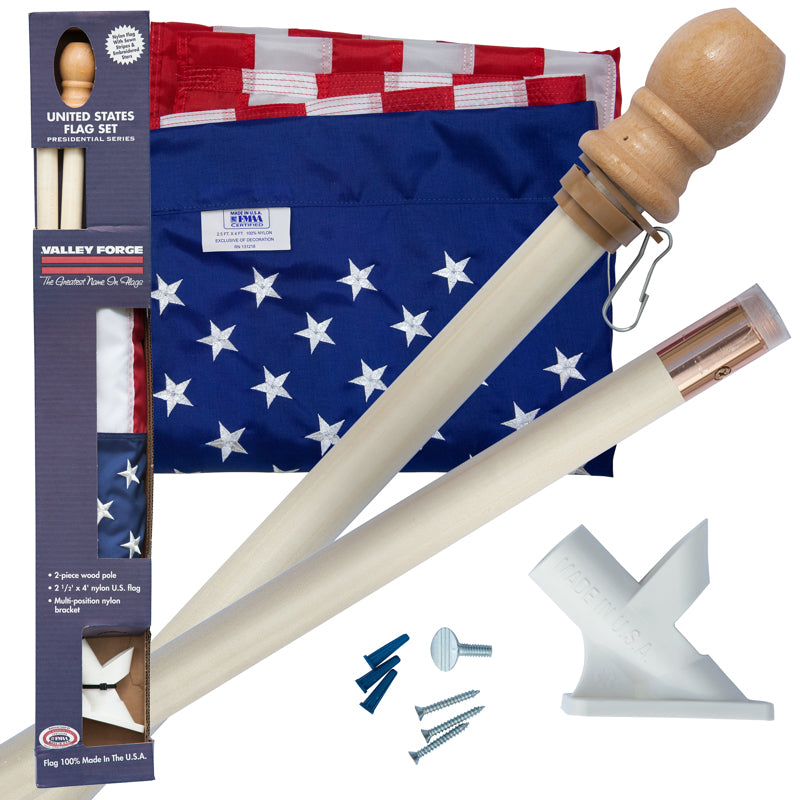 Complete Nylon American Flag & Angle-Mount Wood Flagpole Kit (White) - 5'