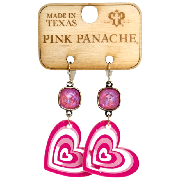 Pink Panache Acrylic & Crystal Heart Earrings (Fuchsia)