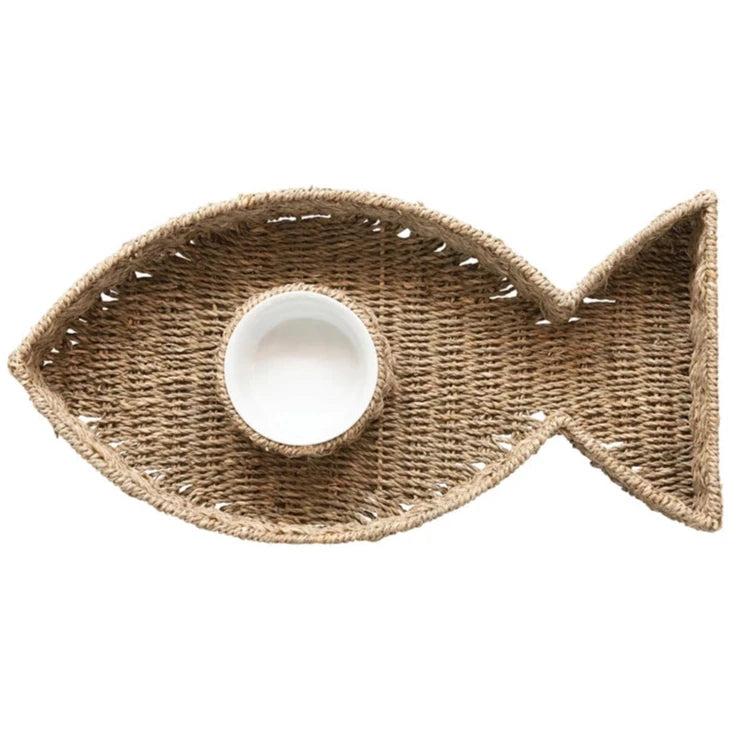 Woven Seagrass Chip & Dip Fish-Shaped Serving Platter - 20 x 10