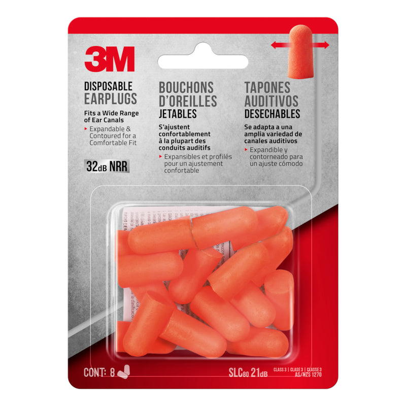 3M 32 dB Disposable Ear Plugs - Orange - 8 Pairs