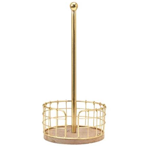 Gold-Finished Metal & Wood Basket Paper Towel Holder