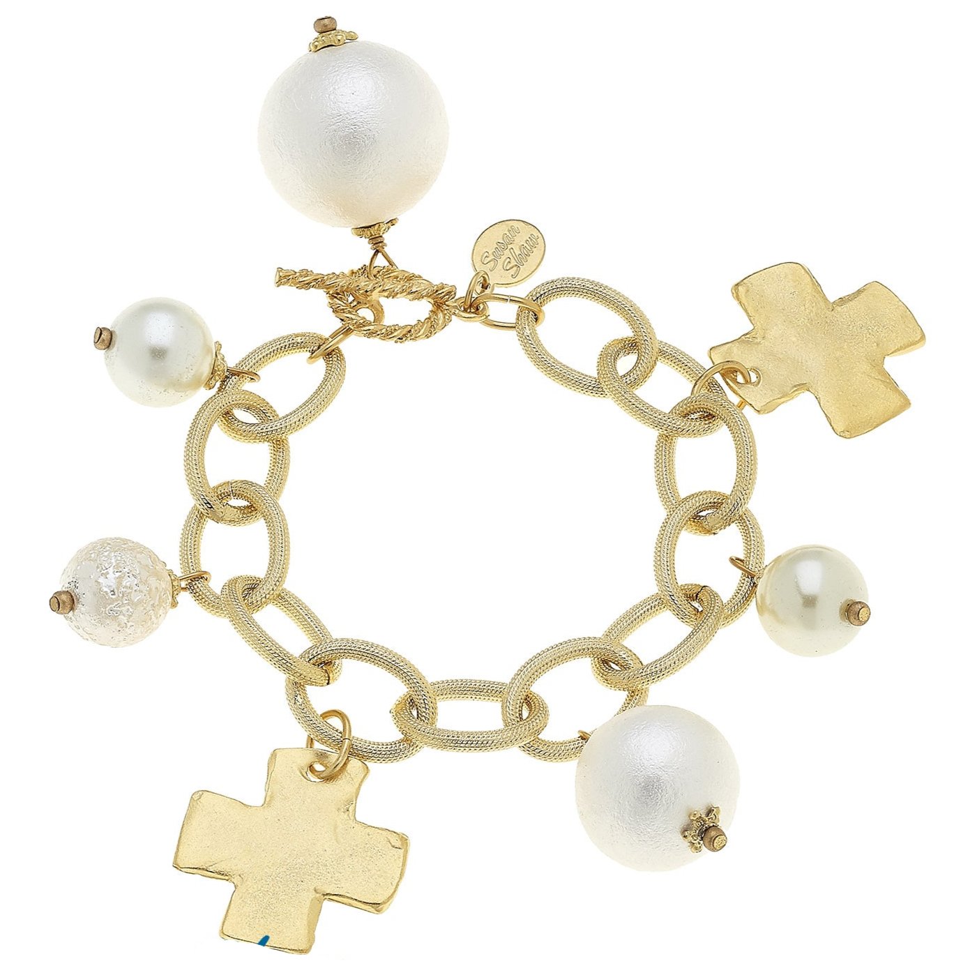 Susan Shaw Gold Cross & Pearl Charm Bracelet