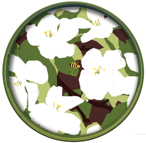 White Lilies Lacquered Round Tray - 15