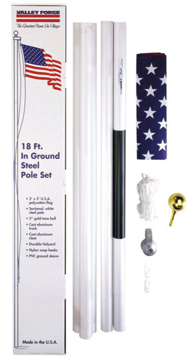 Complete Polycotton American Flag & In-Ground Steel Flagpole Kit - 18'