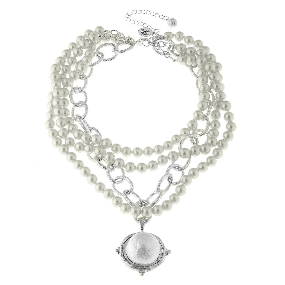 3-Strand Pearl Cab Silver Necklace