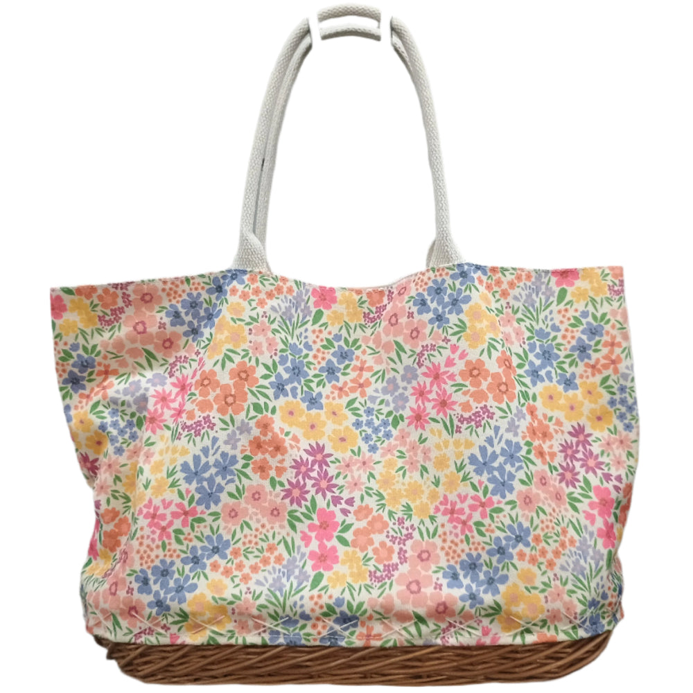 Floral Canvas & Wicker Bottom Shoulder Bag - 12 x 18