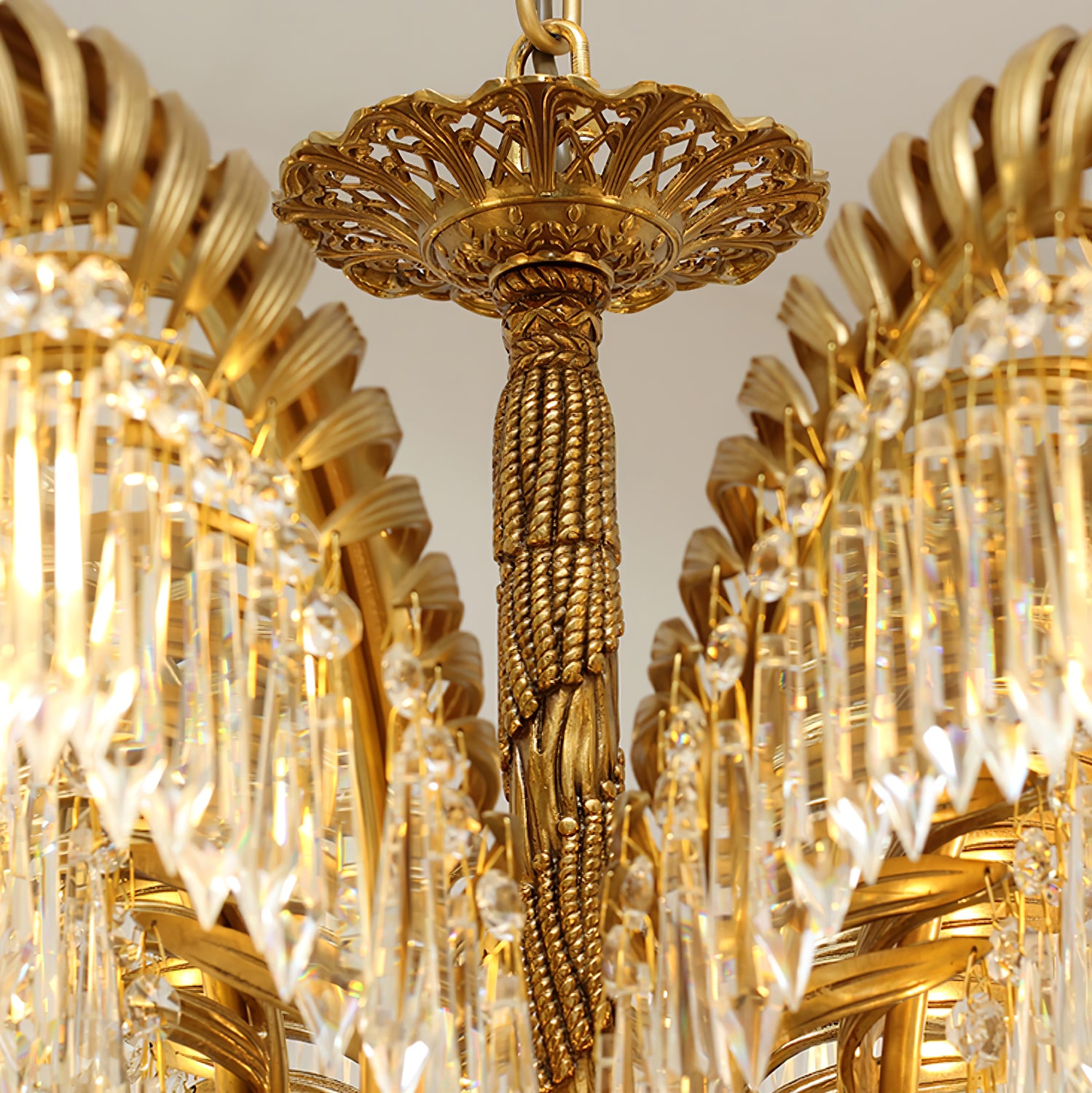 Brass Palm Leaf Crystal Chandelier