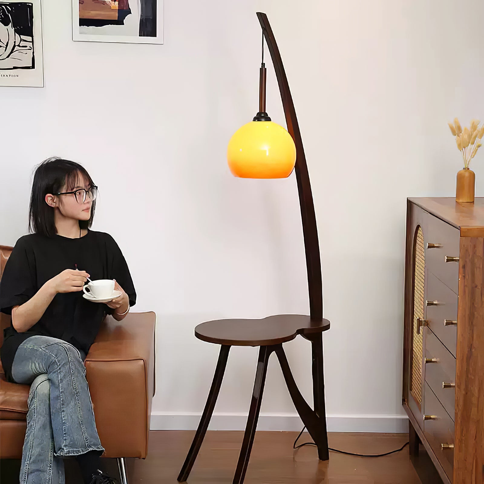 Arc Wood Hanging Floor Lamp