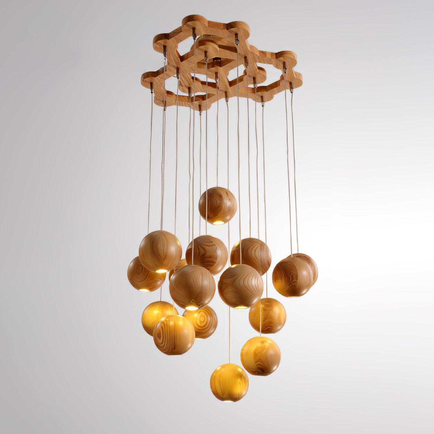 Wooden Orb Sphere Cluster Pendant Light