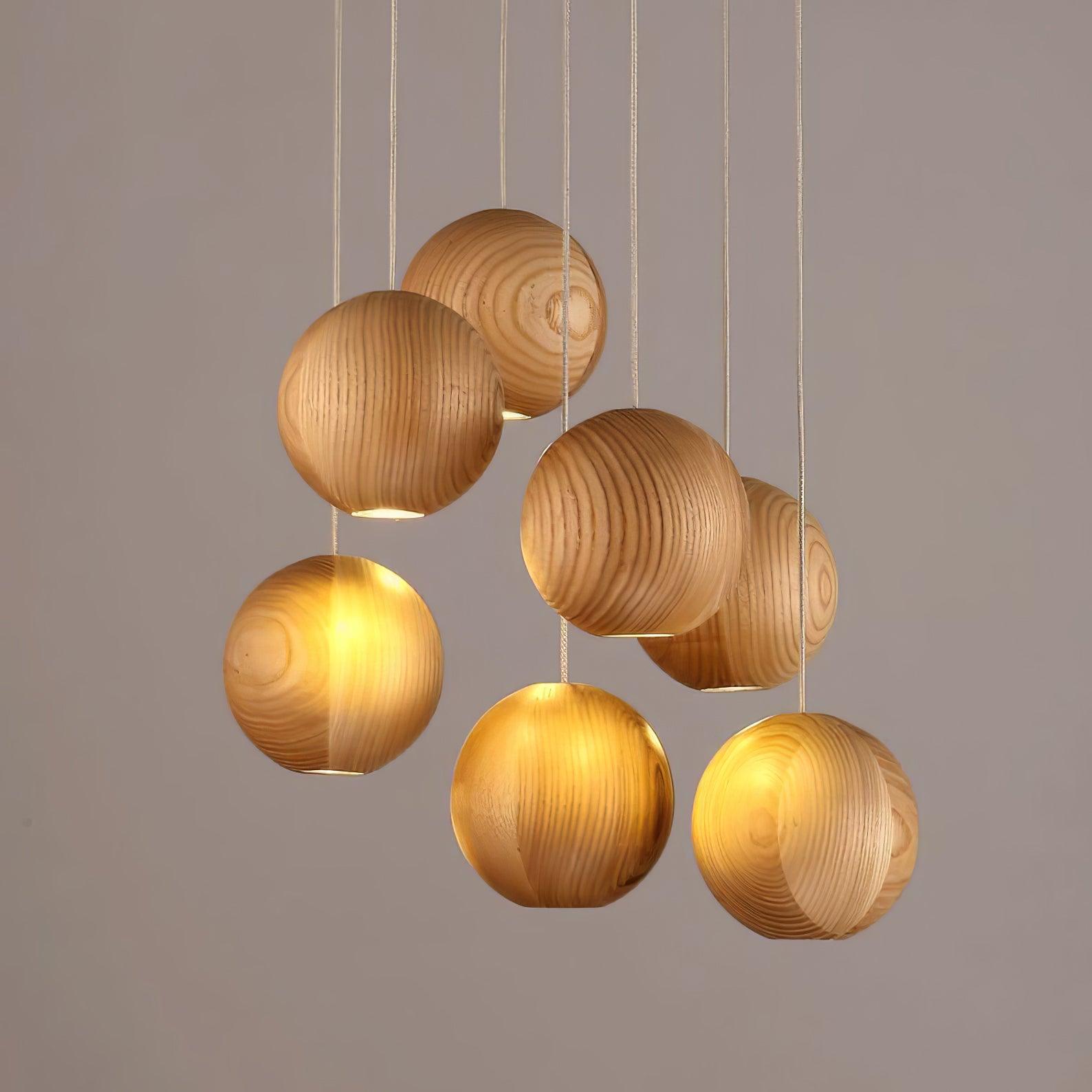 Wooden Orb Sphere Cluster Pendant Light