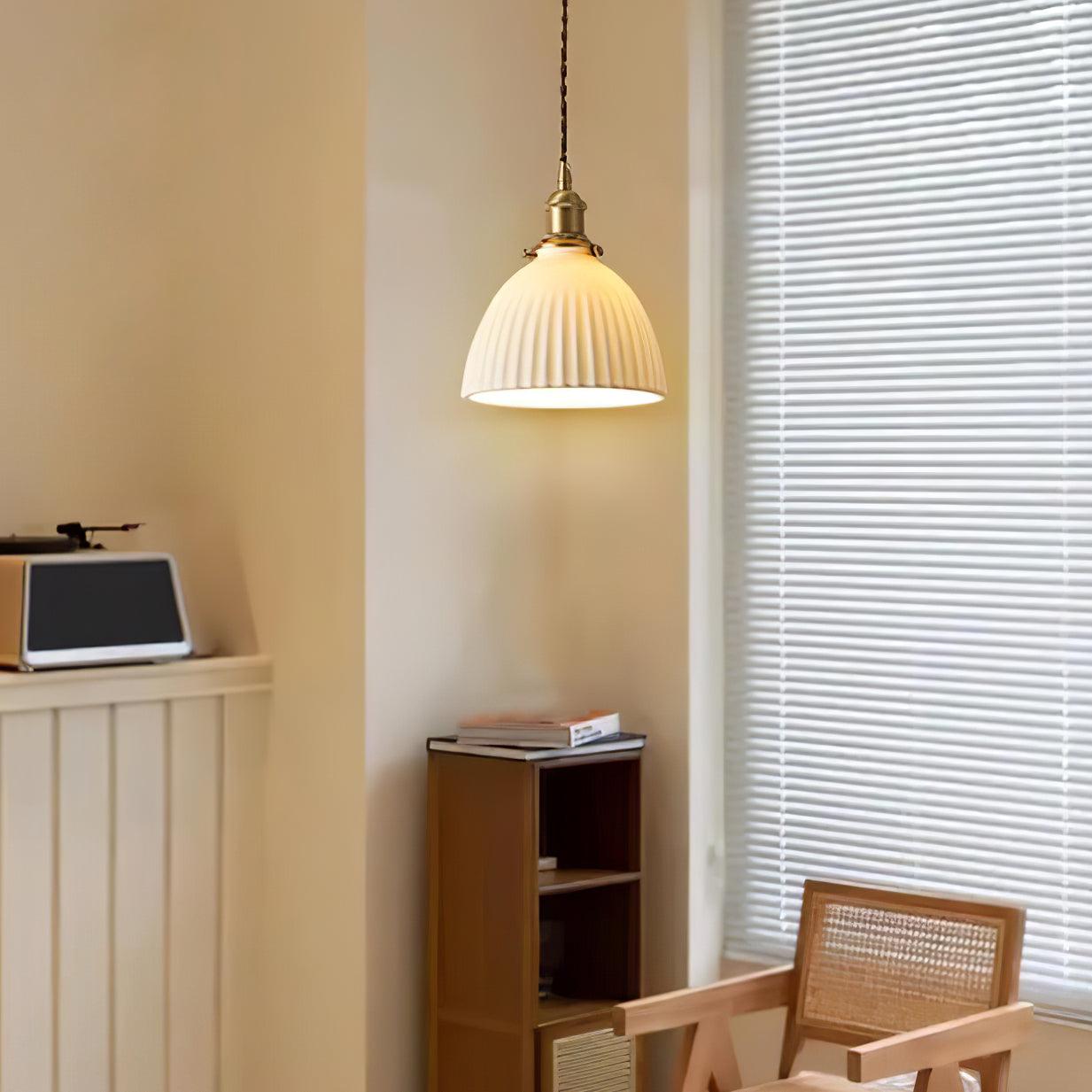 Brass Pleated Ceramic Pendant Lamp