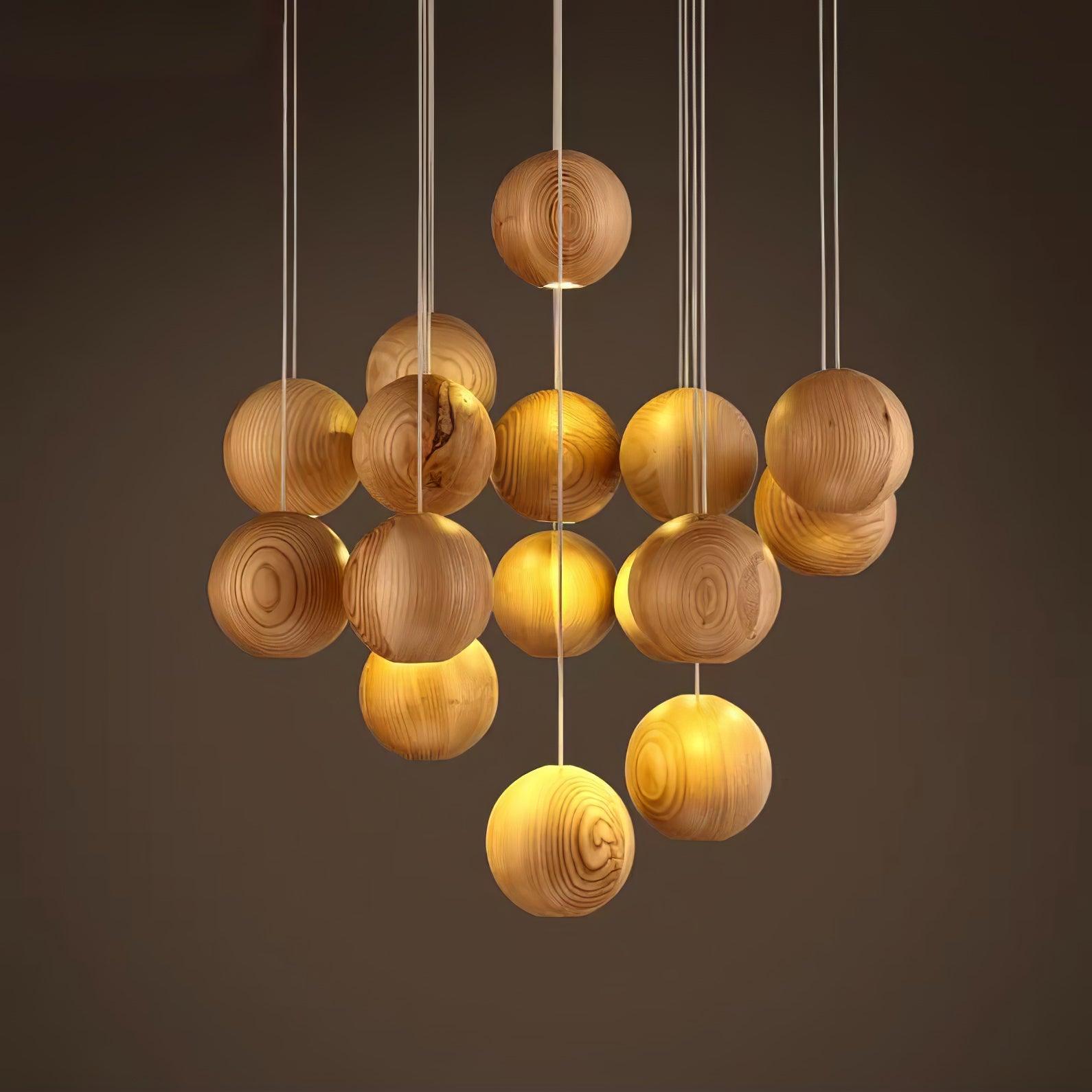 Wooden Orb Sphere Cluster Pendant Light