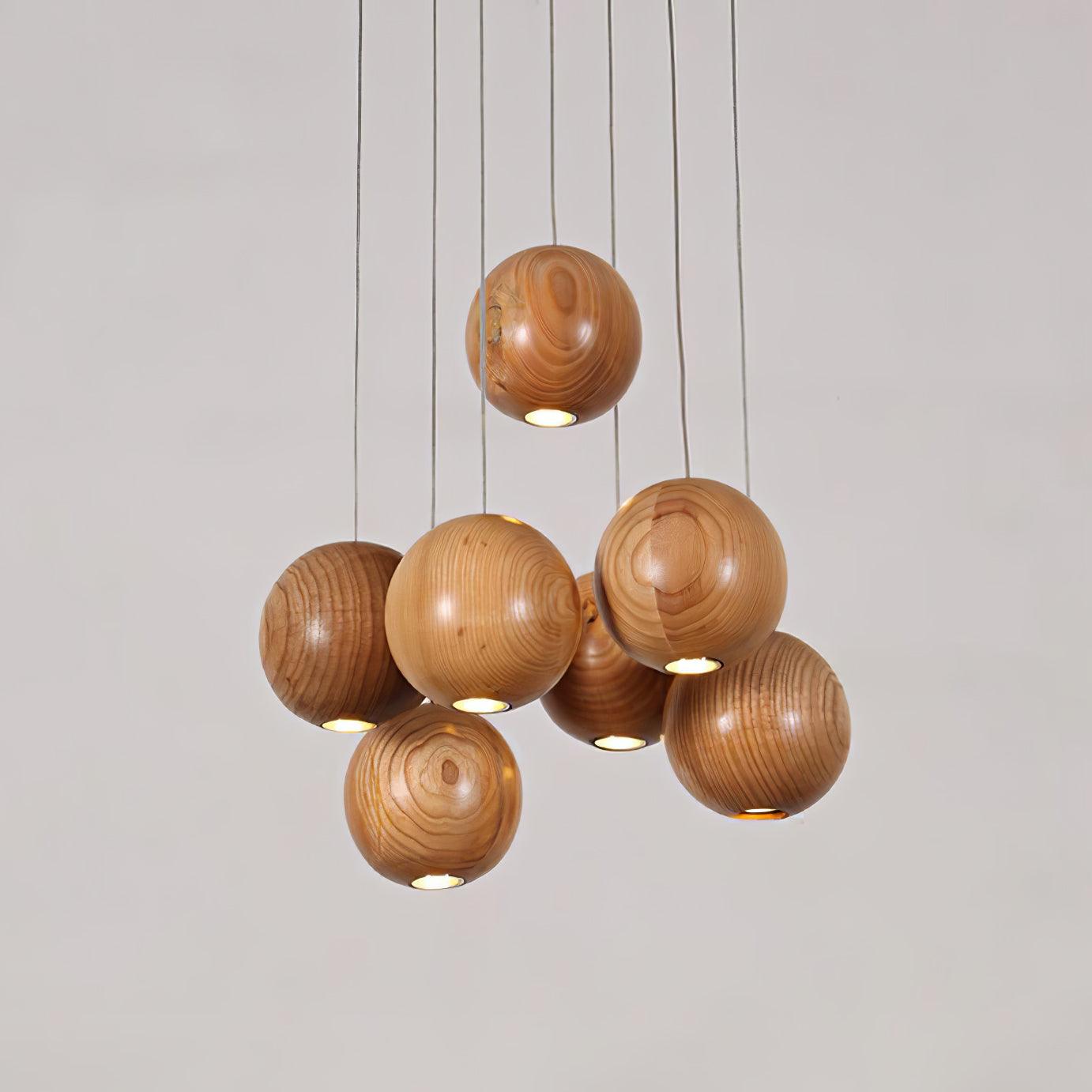 Wooden Orb Sphere Cluster Pendant Light