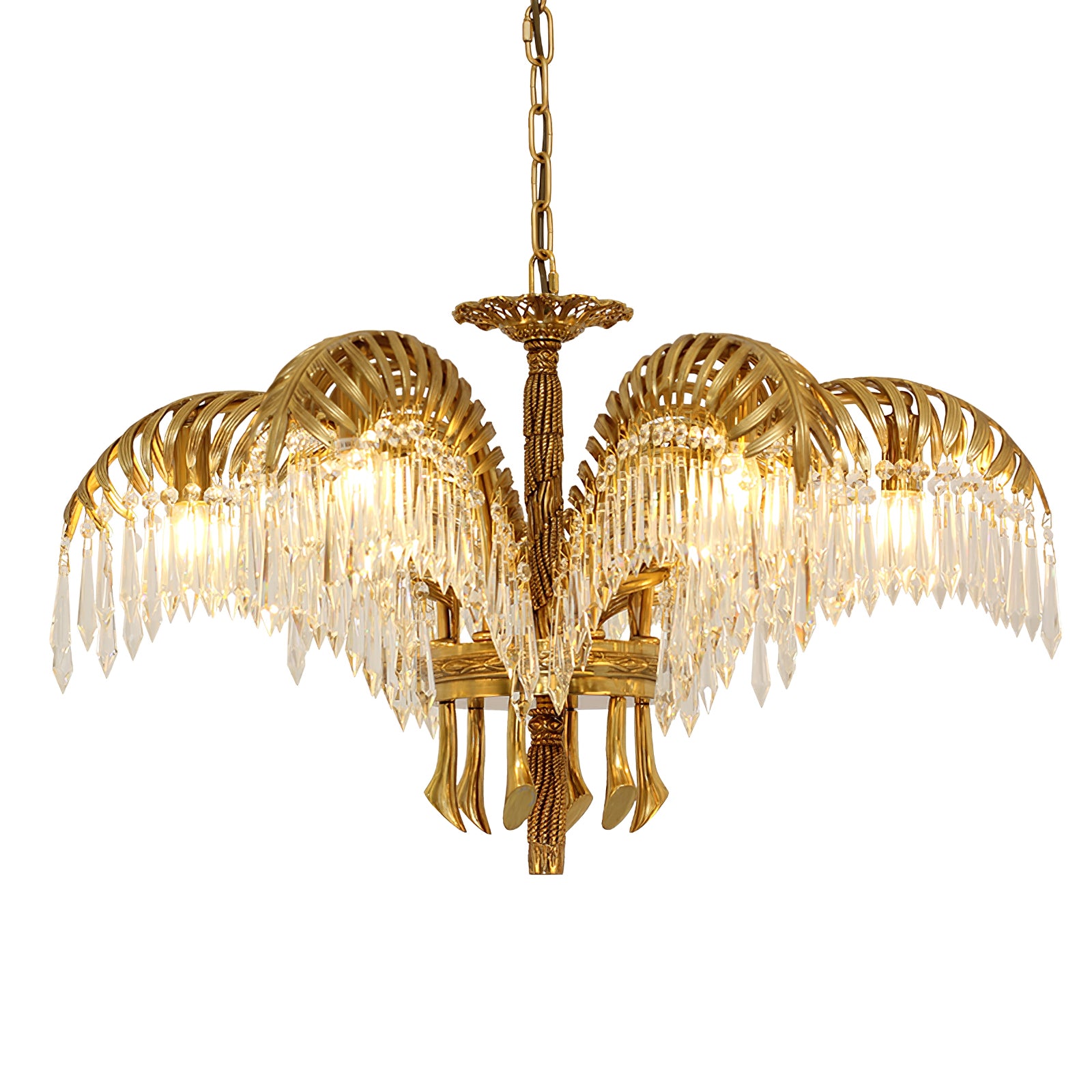 Brass Palm Leaf Crystal Chandelier