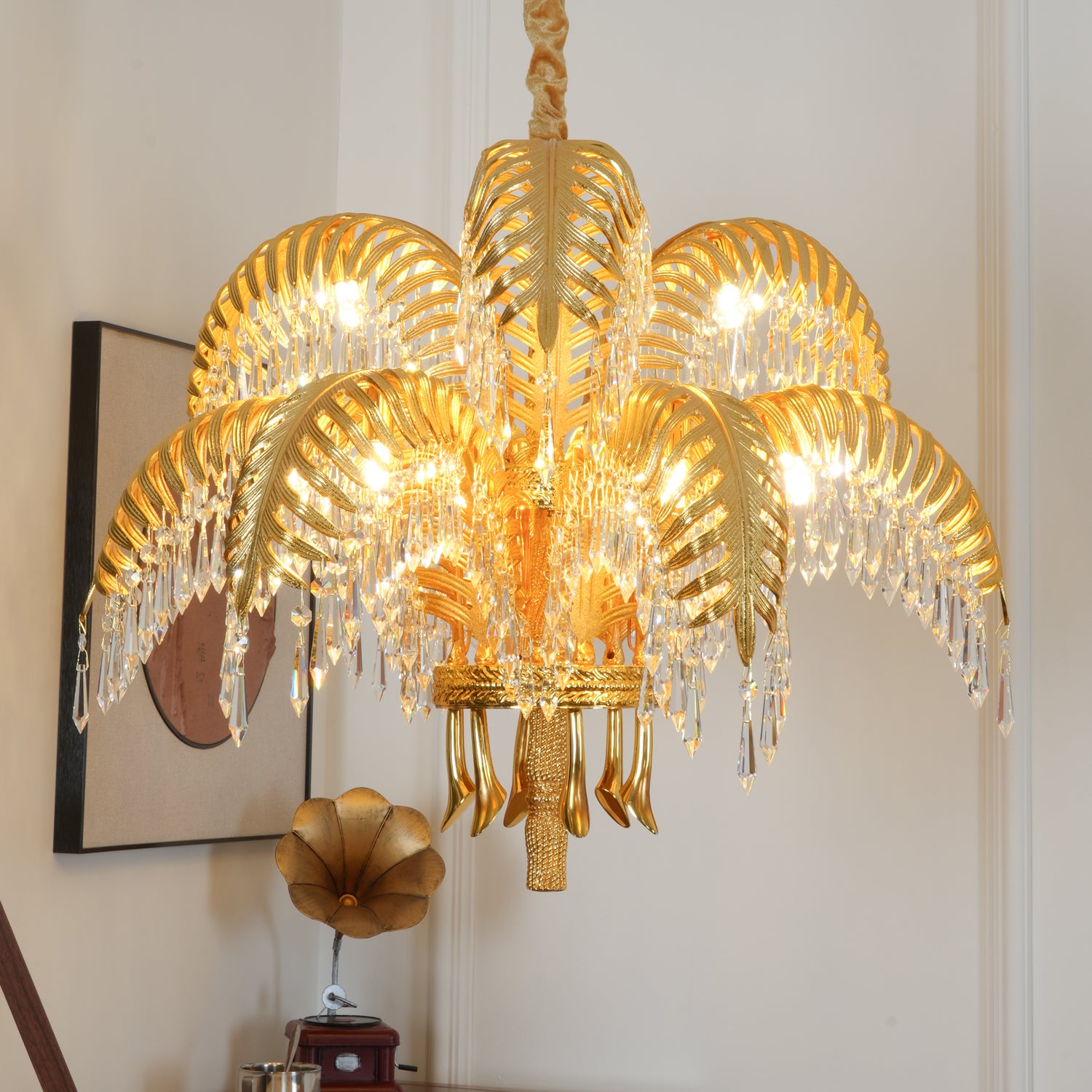 Brass Palm Leaf Crystal Chandelier